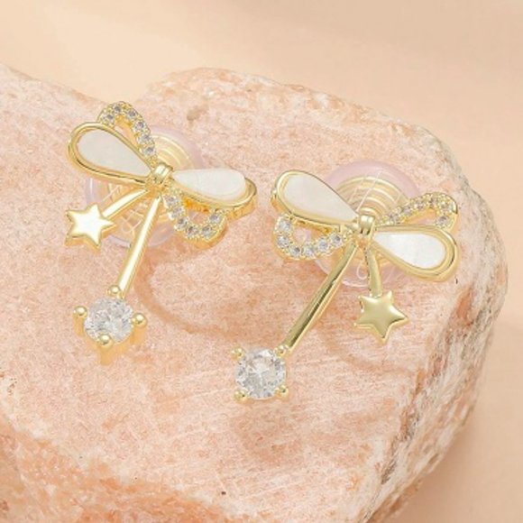 Gold & Rhinestone Colored Bow & Star CLIP Earrings - Picture 2 of 3